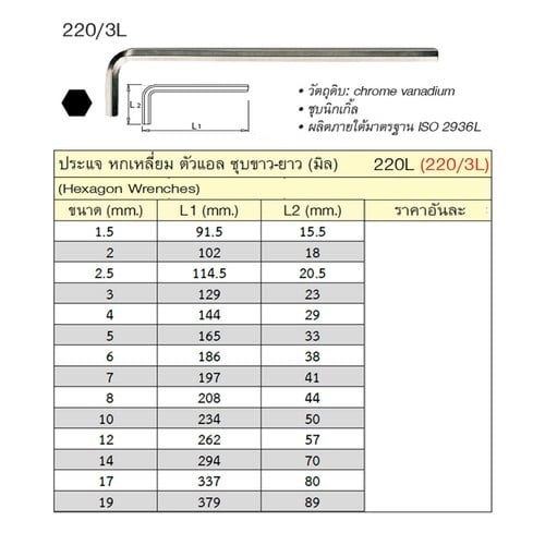 SKI - สกี จำหน่ายสินค้าหลากหลาย และคุณภาพดี | UNIOR 220/3L ประแจหกเหลี่ยมชุบขาวยาว 6 mm. (220L)